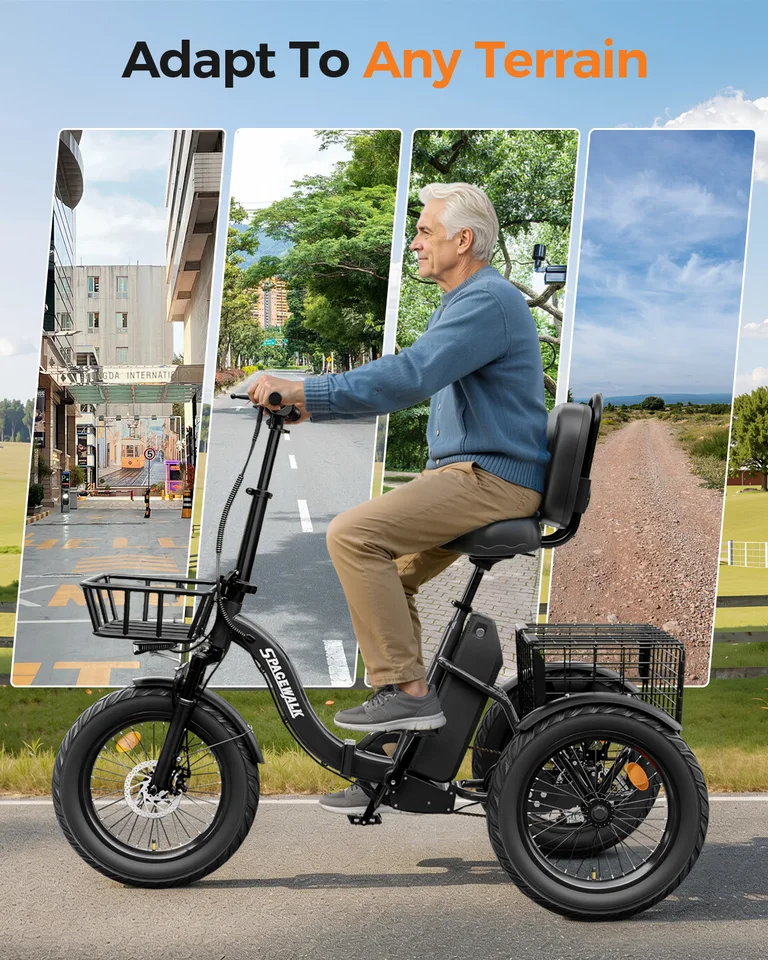 Spacewalk 1200W Peak Electric Trike for Adults, 48V 15Ah Battery 3 Wheel Electric Bike with 60 Miles Range, 18×3.0 Fat Tires, Dual Disc Brakes, Rear Cargo Basket, Adjustable Comfort Seat, Folding E Tricycle for Seniors-Black image 9
