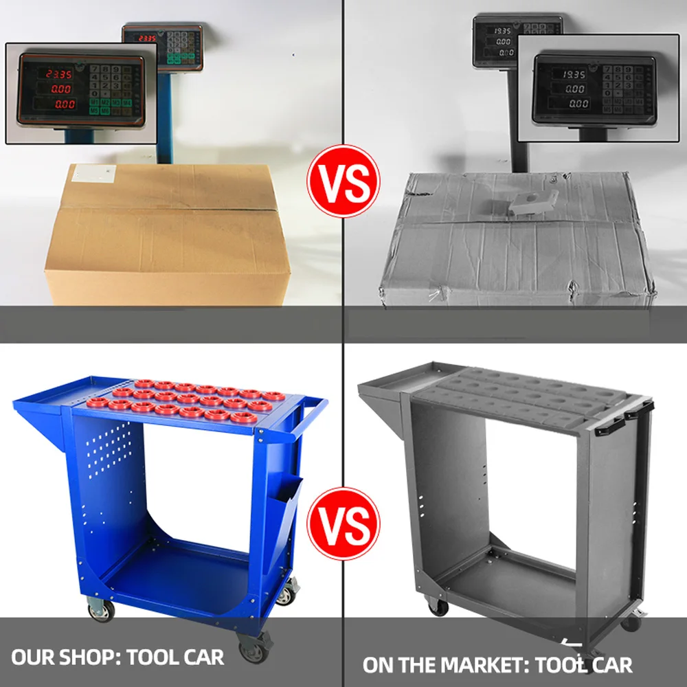 

BT30 BT40 BT50 CNC Tool Trolley Cart 25 Capacity Tooling Blue 45 Taper Tool Holders Shelf Cart with Two Swivel Two Fixed Casters