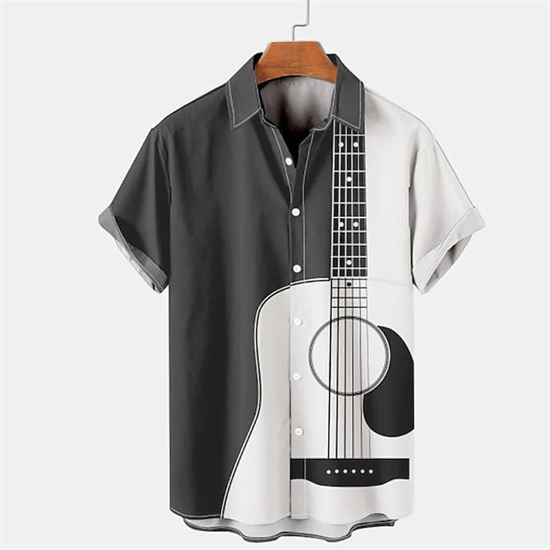 Guitar pattern printed shirt Hawaiian beach comfortable shirts Men\'s short sleeved shirt Musical instrument pattern casual shirt