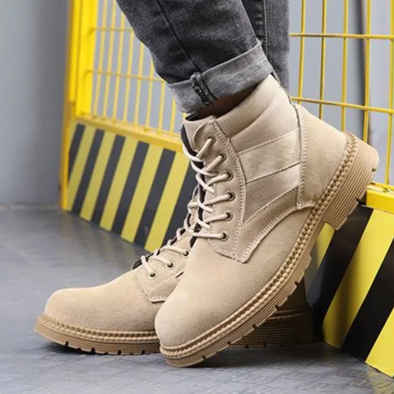 Steel Toe Ankle Booties Puncture-Proof Lace Up Short Barrel Man Shoes Trendy 2025 Casual Offers Size 45 Retro New Boots for Men