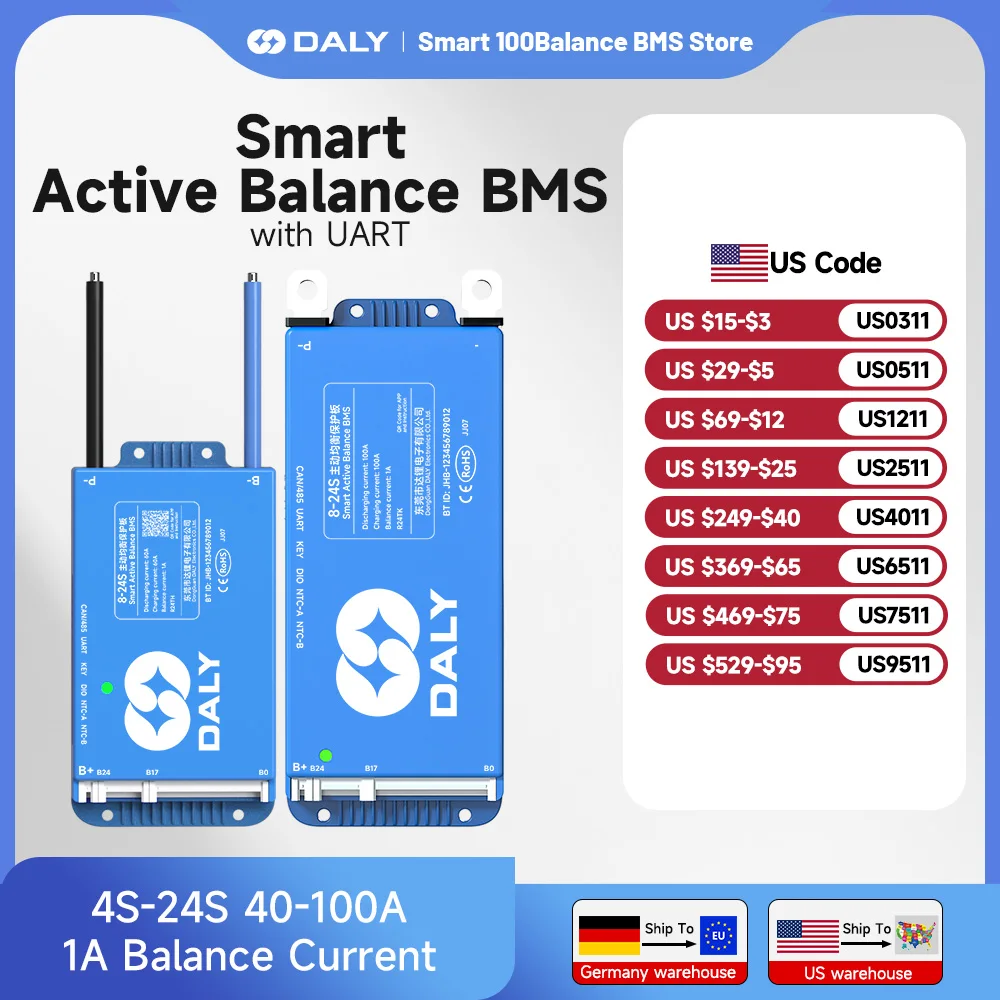 

Daly BMS Smart BMS wifi 1A Active balance 4S 12V 8S 24V 16S 17S 40A 60A 200A 100A 150A Li-ion 3.7V Lifepo4 3.2V USA Shipping