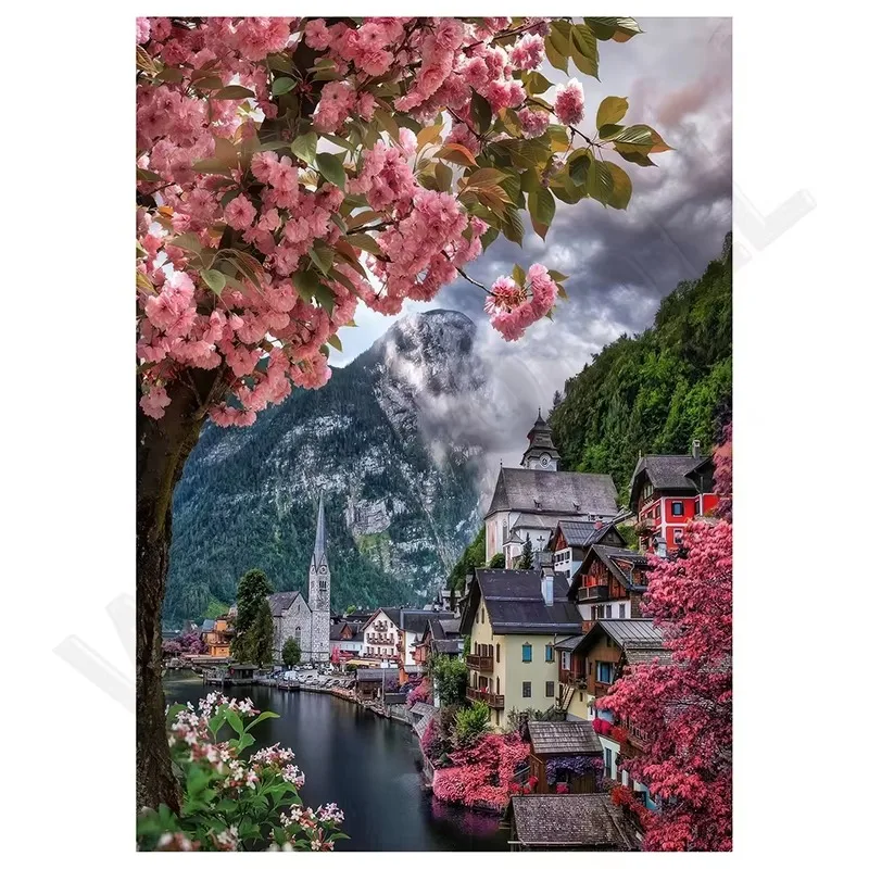 500/1000/1200/2000P CS Puzzles for Adults Cherry Blossom Lakeside Town Jigsaw Puzzles Brain Challenge Game Gift Home Decor