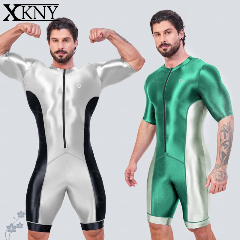 

XCKNY satin Glossy Tights Men's Long sleeved Colored Split Five Piece jumpsuit Yoga Sportswear Multi functional Tights