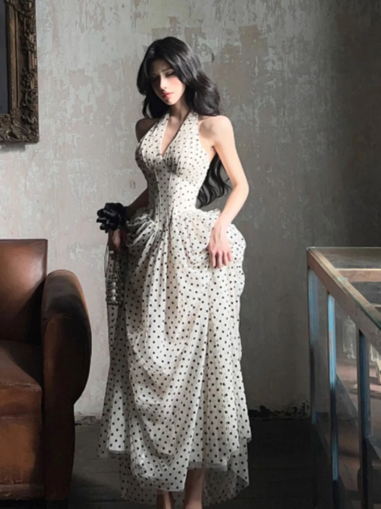 French Elegant Midi Dress Women Sleeveless beach Style Dot V-Neck Dress Evening Party One Piece Dress Vintage Chic Summer