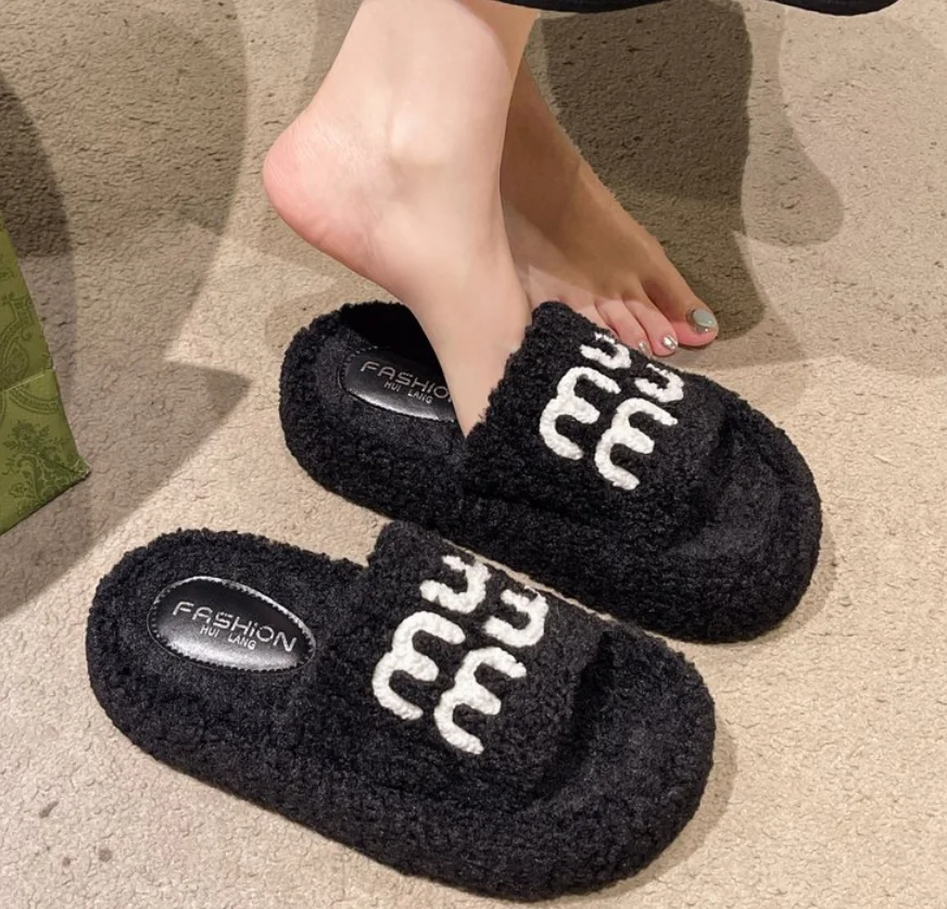 Winter Woman Furry Faux Fur Slipper Luxury Lamb Wool House Soft Fuzzy Platform Shoe Flat Casual Ladies Sabot Round Toe Slides