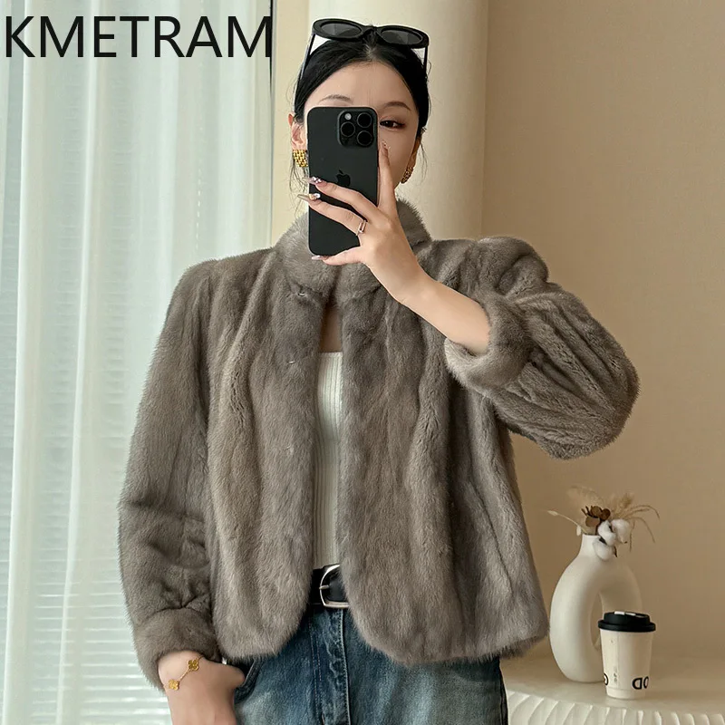 Damska kurtka z naturalnego futra norek, luksusowa szara krótka kurtka z prawdziwego futra, wysokiej jakości zimowa odzież damska, futrzane kurtki 2025 шуба женская