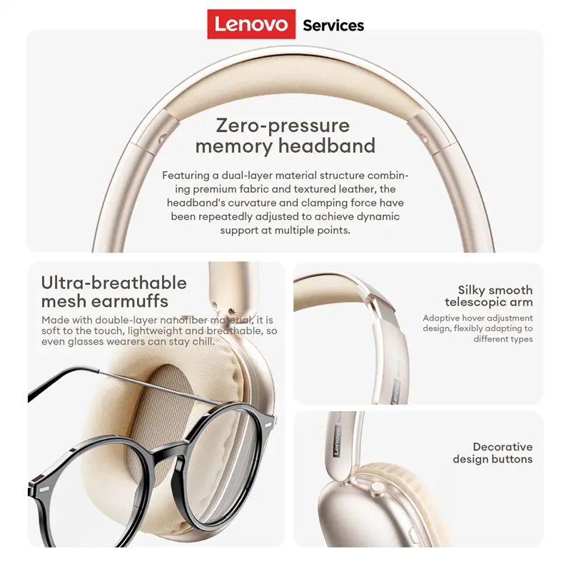 سماعات رأس لاسلكية Lenovo LES-107 بلوتوث 5.0 مع صوت محيطي، قابلة للطي، ألعاب، باس HIFI، بطارية تدوم 26 ساعة - 5