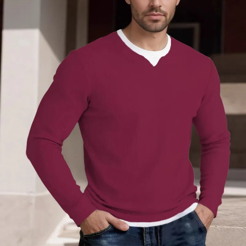 Men's Waffle Knit Fake Two Piece Long Sleeve T-Shirt Spring Casual V Neck Top view 3