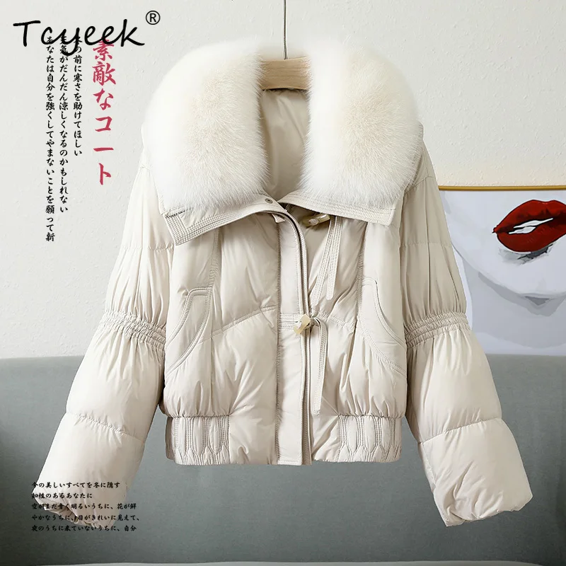 Tcyeek Autumn Winter Square Collar Detachable Real Fox Fur Collar Women's White Goose Down Fur Coat Casacas Para Mujer Invierno