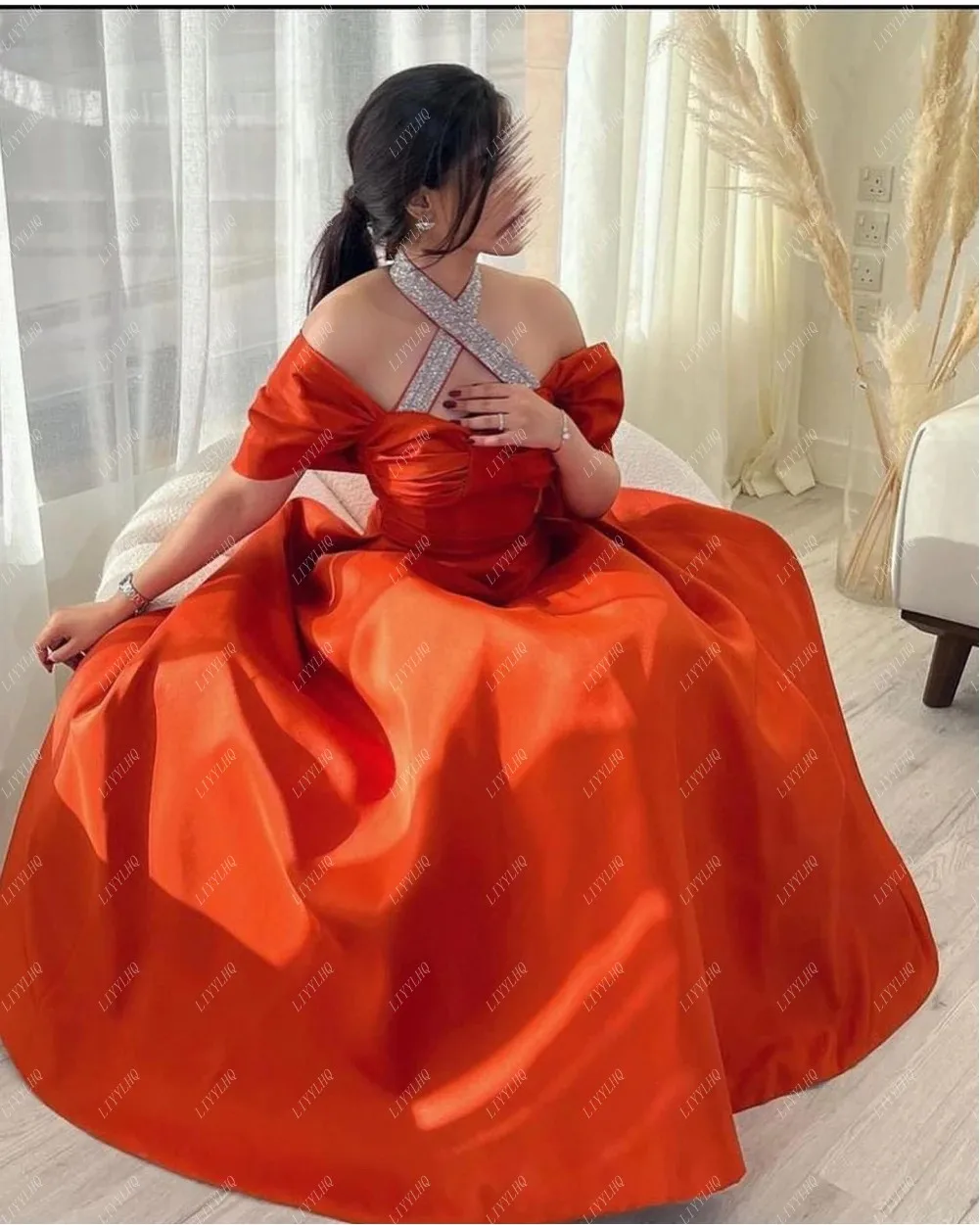 LIYYLHQ Long Orange Prom Dresses Elegant Off-Shoulder A-Line Evening Short Sleeve Satin Formal Occasion Gown For Women 2024