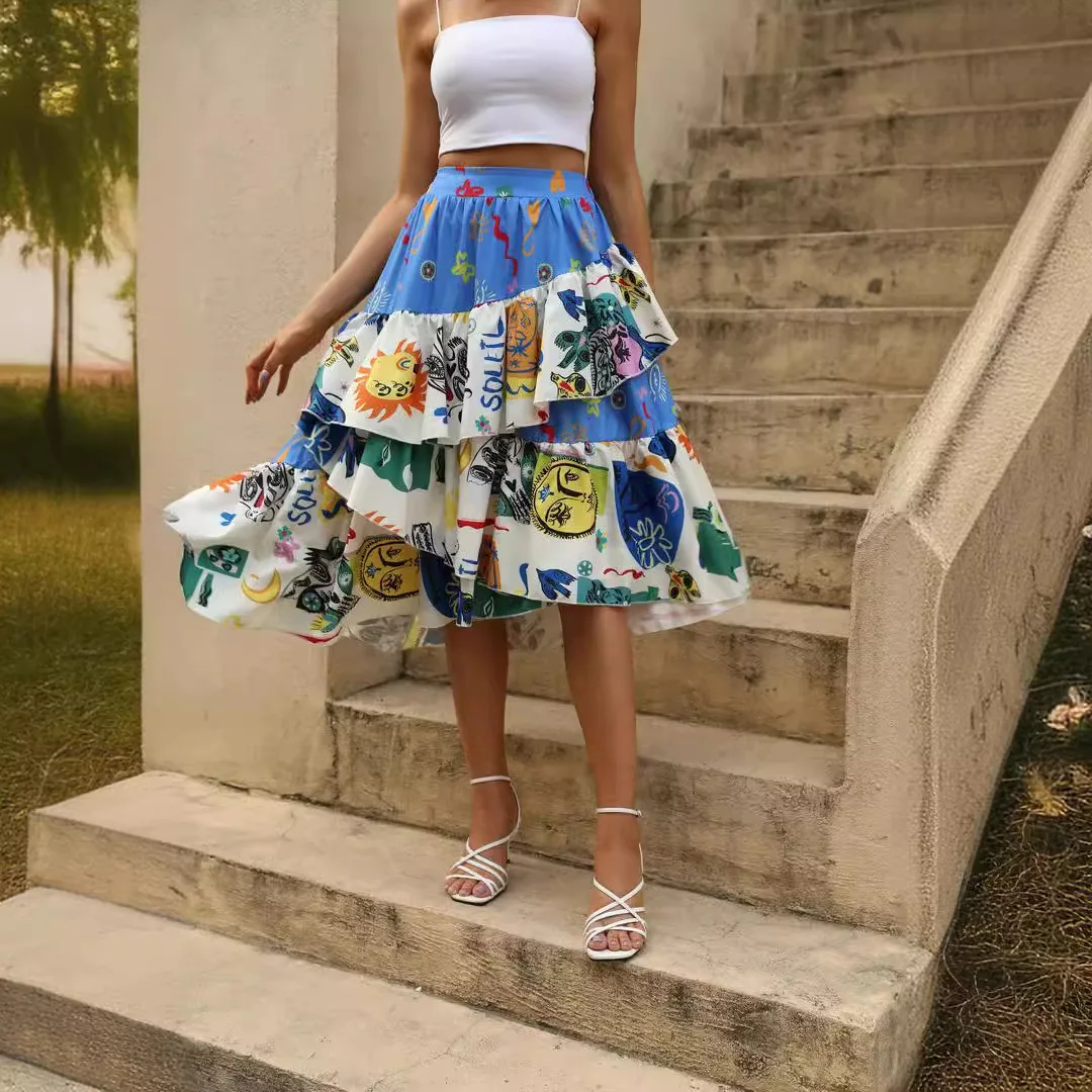 Women's Printed Mid-skirt Skirt with Large Swing Skirt New Summer Casual Temperament Women's Wear Fashion Summer Dresses 2024