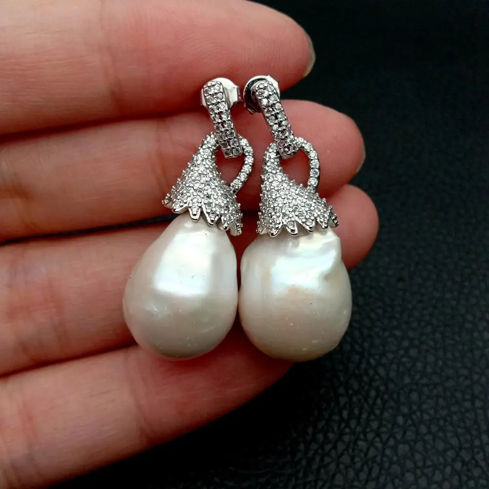 YYGEM 14x21MM Cultured White Keshi Pearl White cz pave silver color plated Stud Earrings