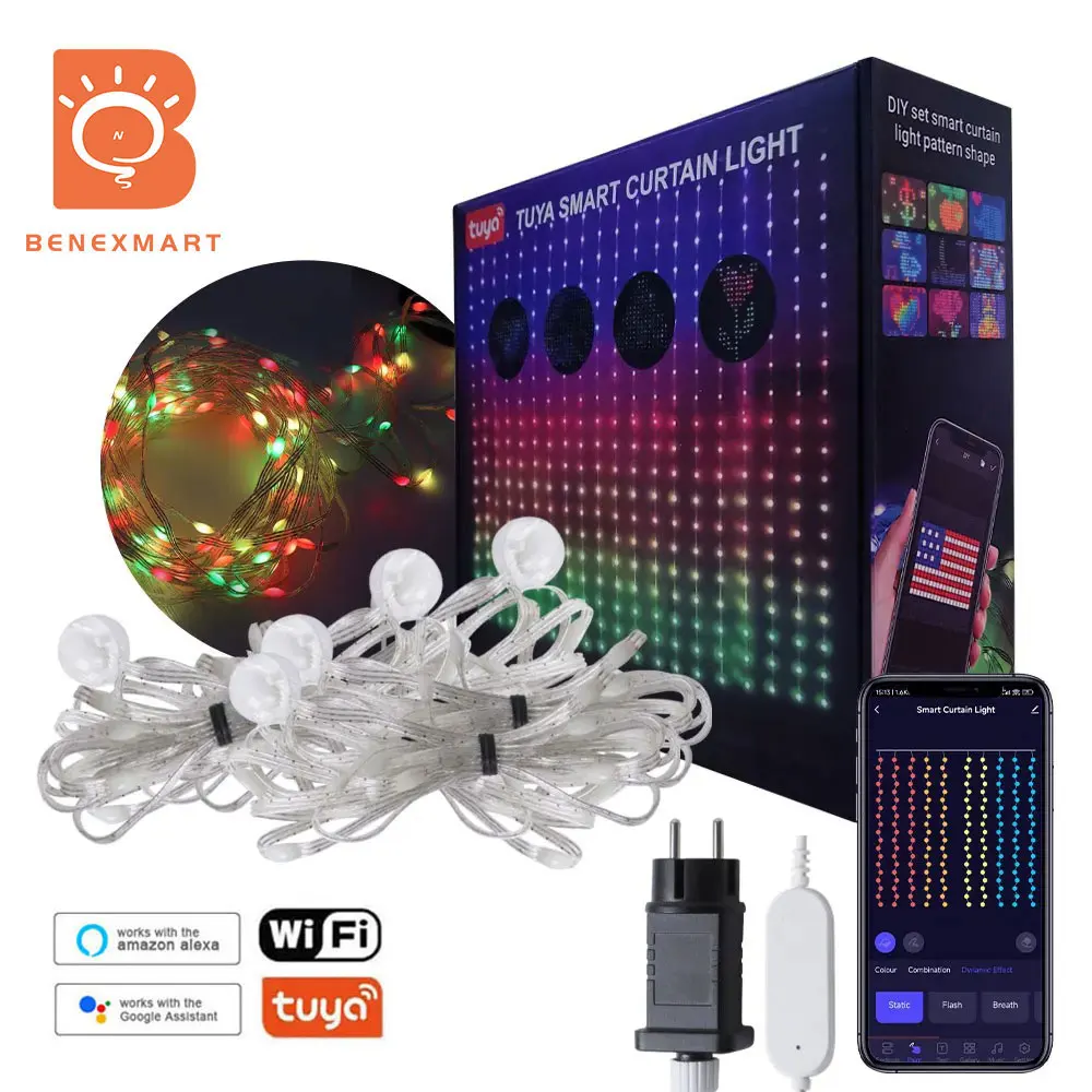 

Benexmart Tuya WiFi RGB Fairy Dream Color Light Strip 2 м * 2 м DIY занавеска 400 светодиодов для рождественской свадьбы, вечеринки, декора спальни