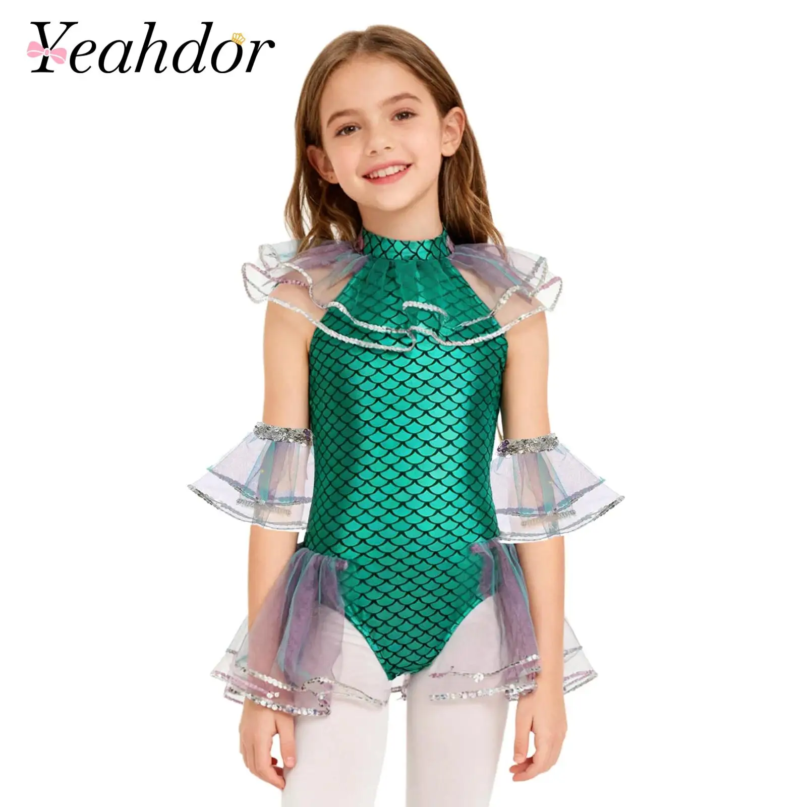 Children Girls Shiny Fish Scale Sequin Ballet Dance Leotard Mesh Skirted Bodysuit Carnival Christmas Mermaid Cosplay Costume