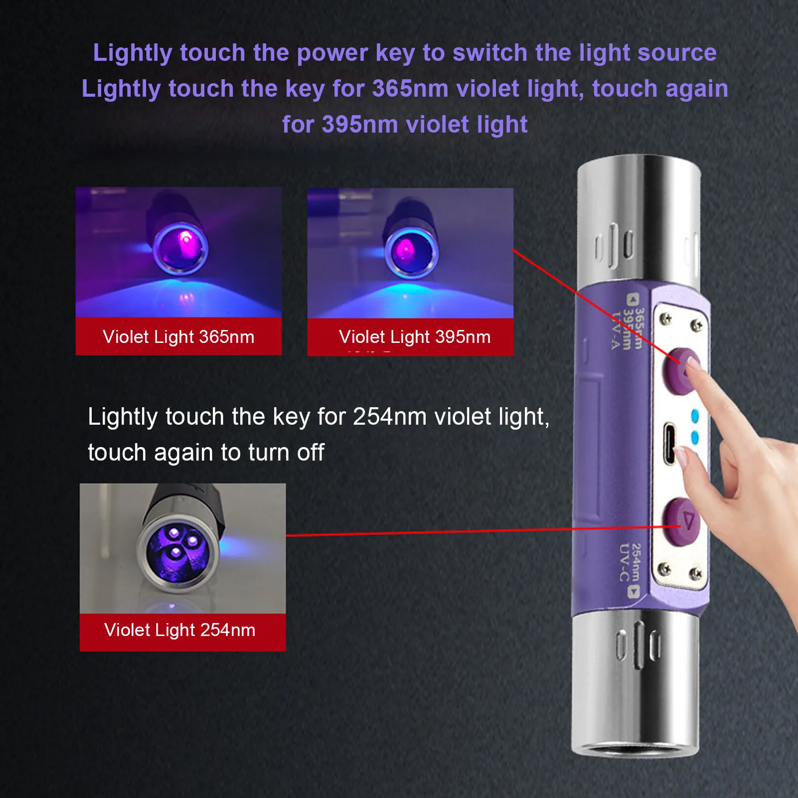 Longwave & Shortwave UV Flashlight Lamps 254nm 365nm 395nm Minerals Phosphor Detector UVA UVC Blacklight LED Flashlight view 5