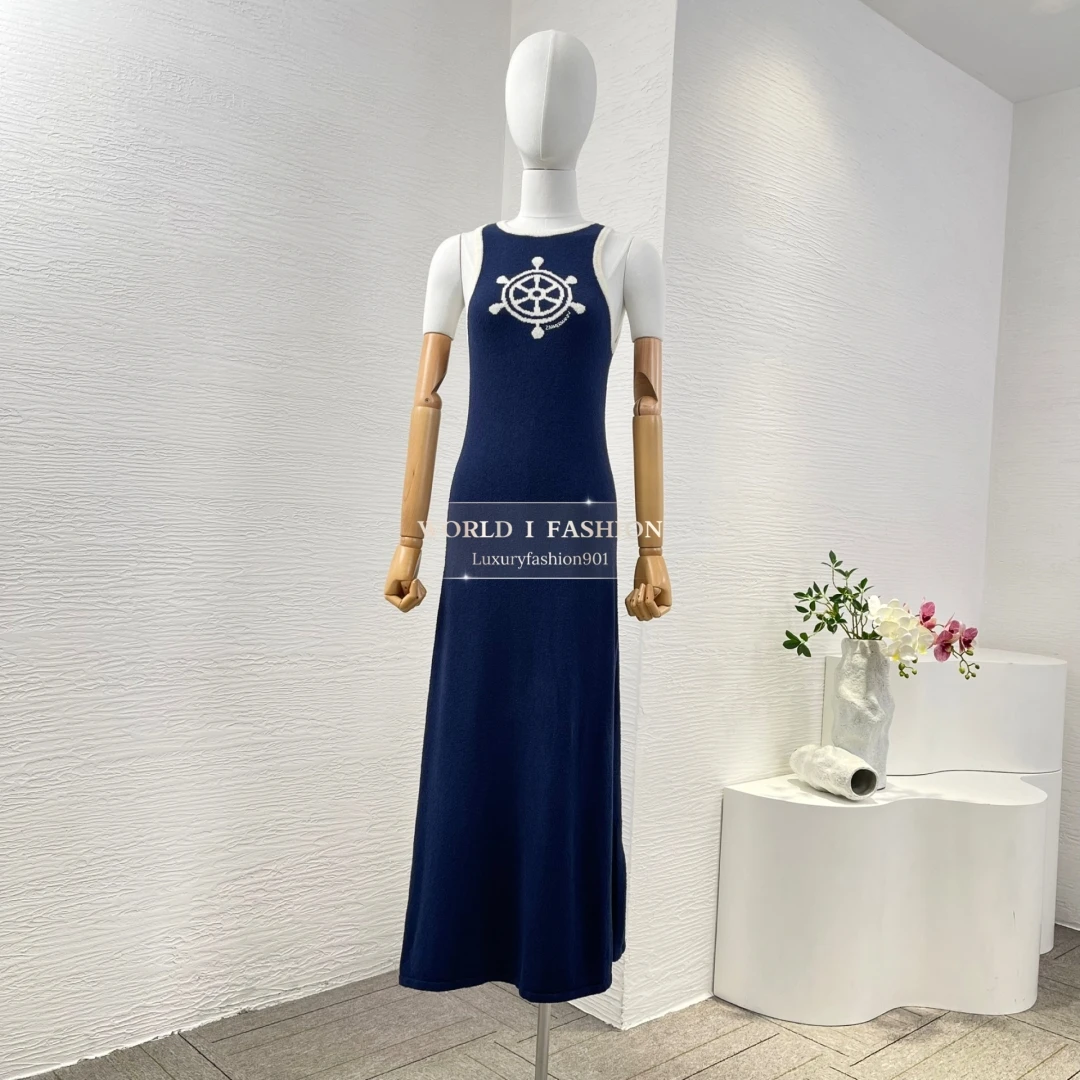 

2025 Beach Style Navy Blue High Quality Summer Sleeveless Lace-up Women Holiday Knit Maxi Dress