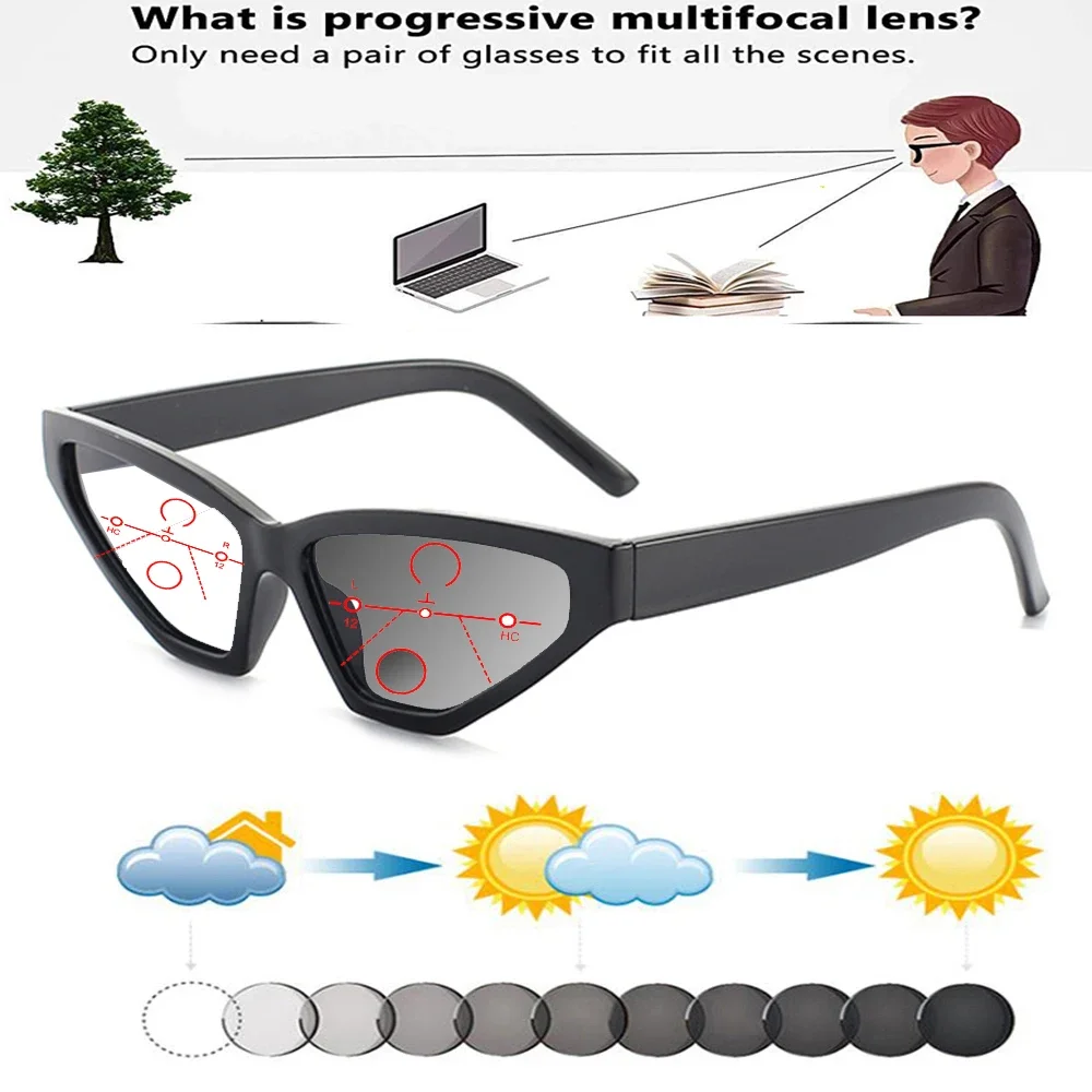 

European and American Cat's Eye Retro Polygon Small Frame Photochromic Progressive Multifocal Reading Glasses +0.75 To +4