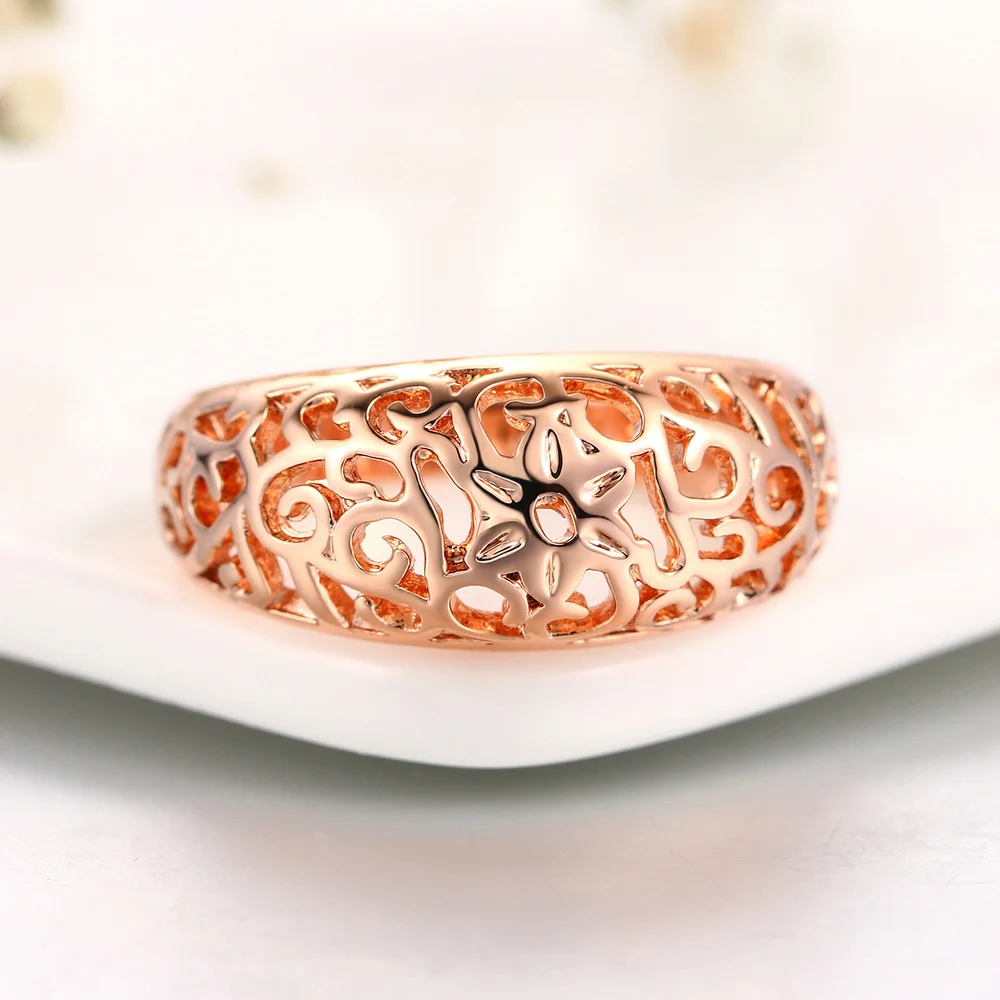 ZHOUYANG Vintage Chunky Ring For Women Hollow Out Flower Hollowing Craft Rose Gold Color Fashion Jewelry Friendship Gift R281