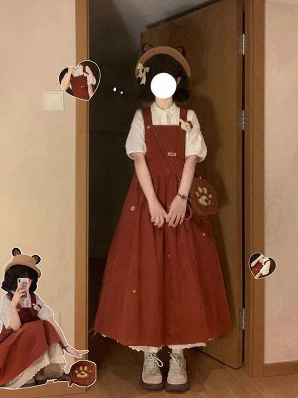 

Красно-белая блузка и комбинезон Bubble Sve, комплект из двух предметов, винтажный японский дизайн на пуговицах, наряд и комбинезон