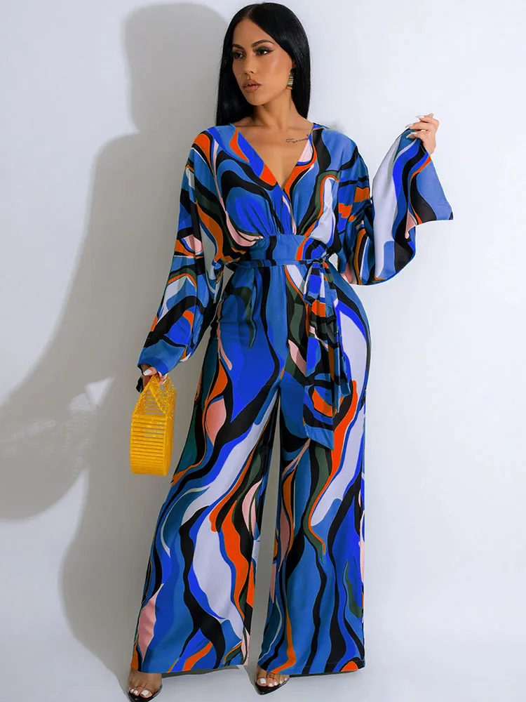 Elegant Print Loose Wide Leg Jumpsuit Women Long Flare Sleeve V-neck Backless High Waist Romper Club Party One Piece Outfits