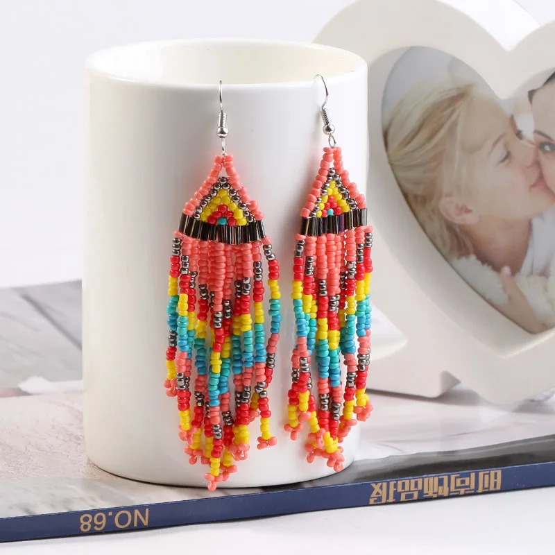 Kymyad Bohemian Beaded Drop Earrings Ethnic Long Earring Retro Handmade Beads  Earrings Tassel Chains Earings Fashion Jewelry