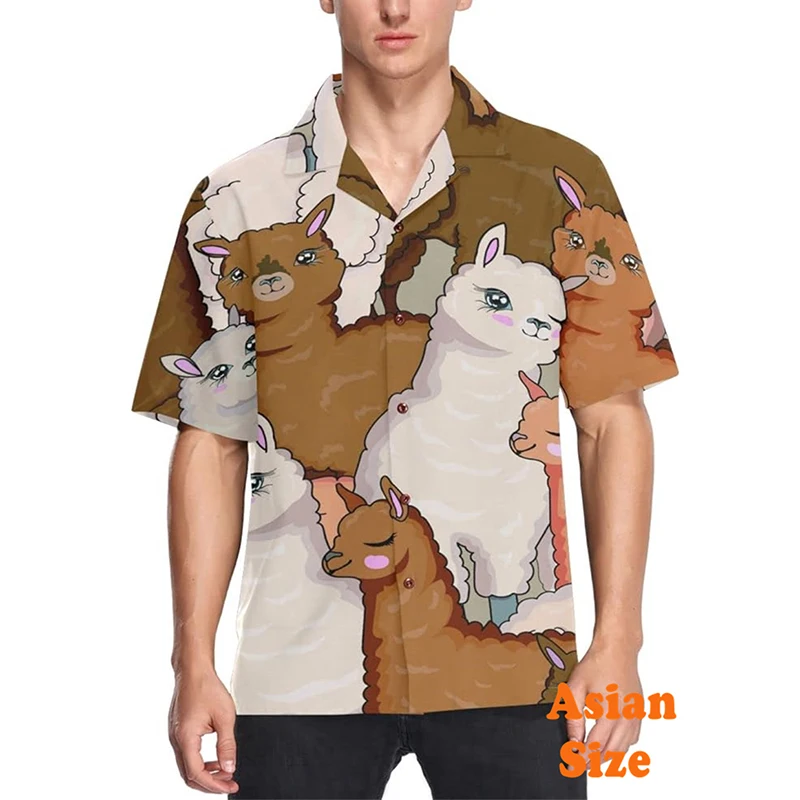 Cartoon Cute Llama Hawaii Shirt For Men's Clothing Asian Size Short Sleeve Shirts Funny Colorful Camel Pattern Trend Blouse 2025