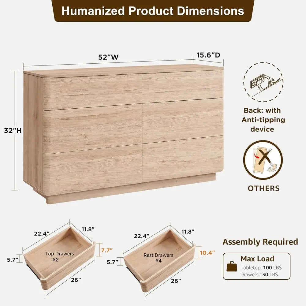Komoda DAFIFY z 6 szufladami, 132 cm szerokości, drewniana szafka do przechowywania, komoda bez uchwytów do salonu i przedpokoju, zakrzywiony kształt, naturalny dąb