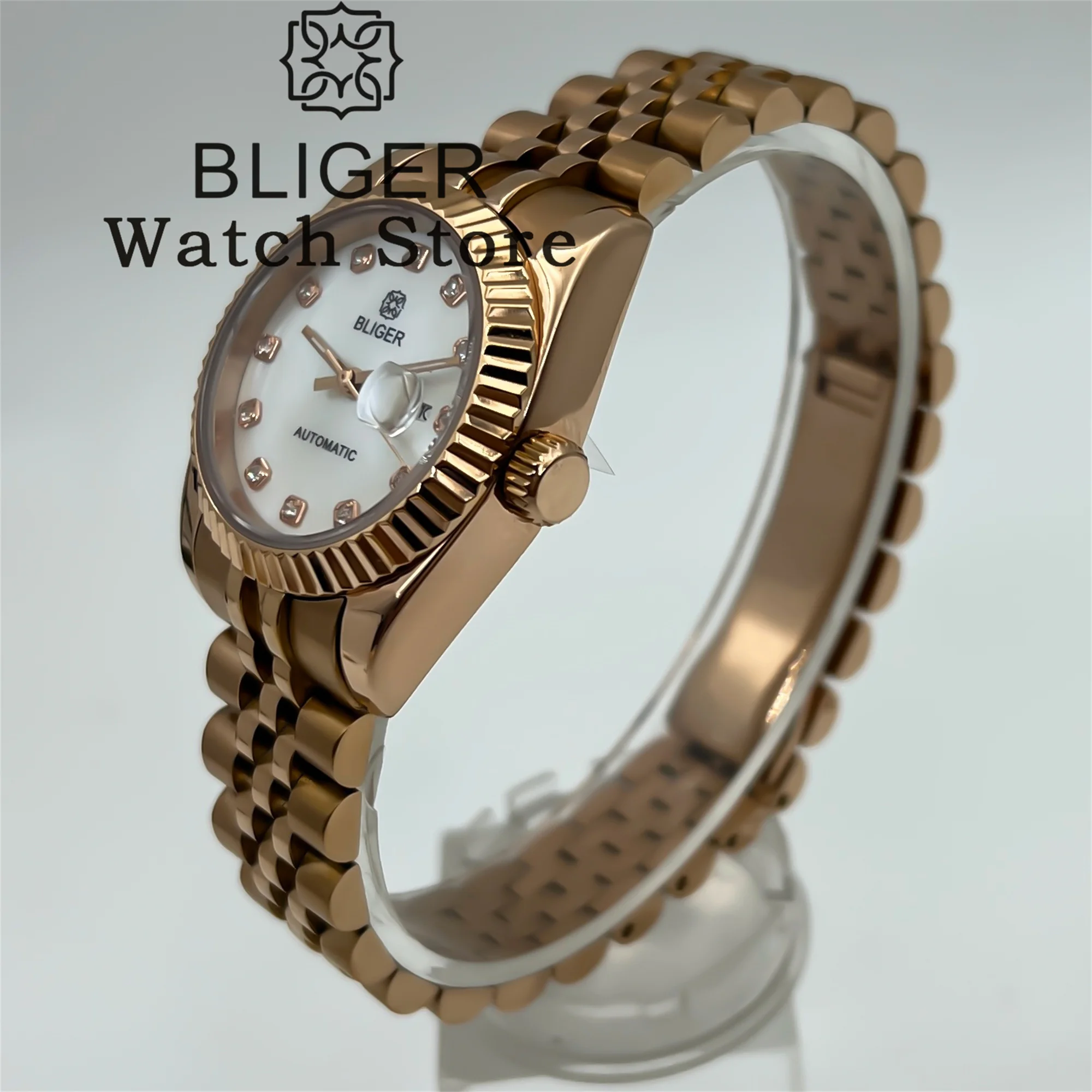 BLIGER 31 مللي متر ارتفع الذهب سيدة ساعة أوتوماتيكية NH05 حركة تاريخ شل الهاتفي منحني مخدد الحافة الياقوت الزجاج مقاوم للماء الساعات