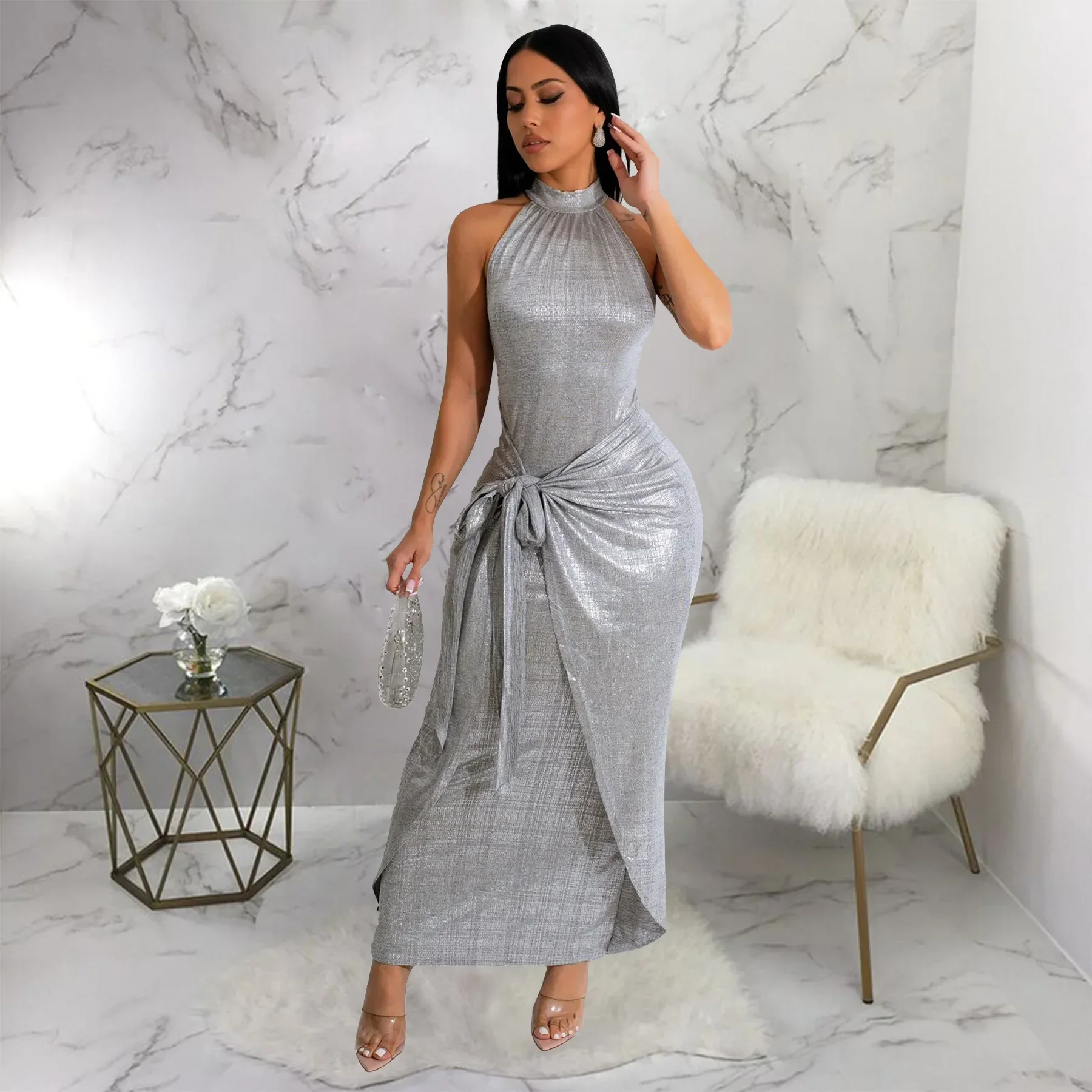 Silver Shiny Bandage Long Dress Sexy Lady Party Bodycon Evening Dresses 2024 Women Elegant Luxury Maxi Winter Fall Dresses