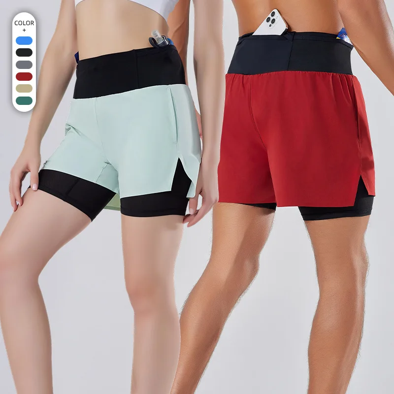 Unisex 2 In 1 Compression Running Shorts Marathon Quick Dry Training Sports Lining With Waist Bag Summer Breathable Pants Tee