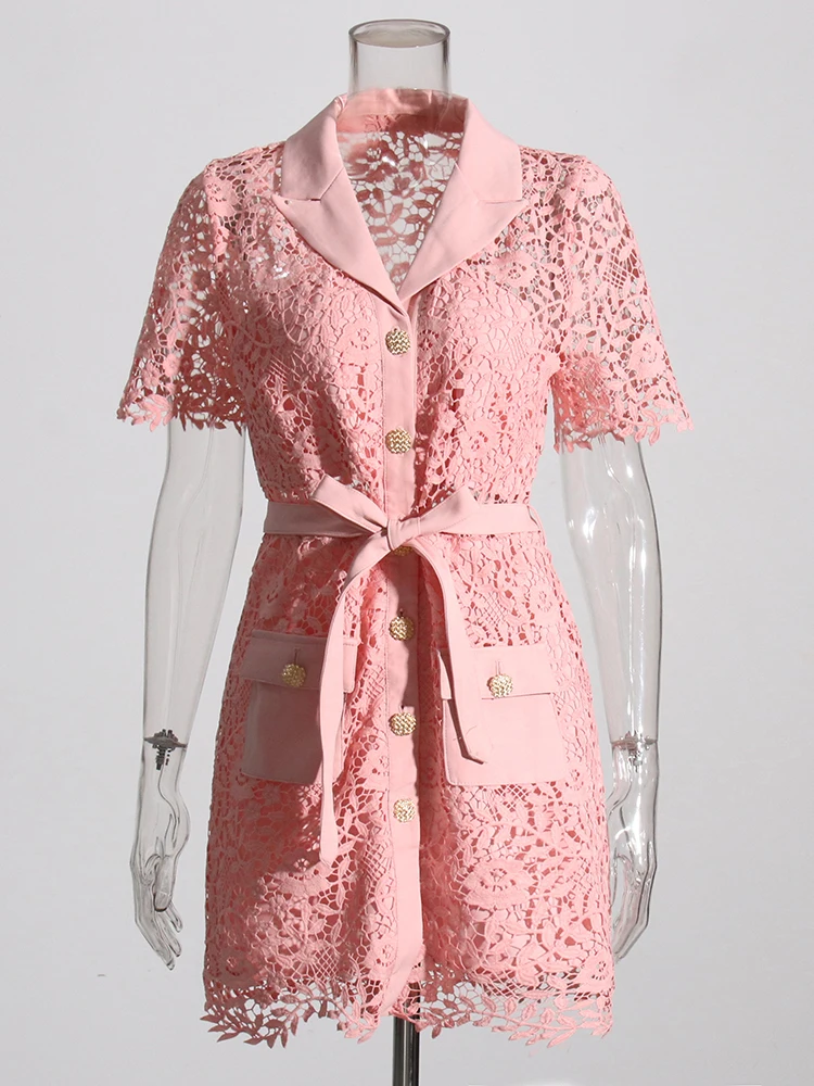 TWOTWINSTYLE Solid Spliced Bnutton Slimming Dresses For Women Lapel Short Sleeve High Waist Spliced Lace Up Dress Female Fashion