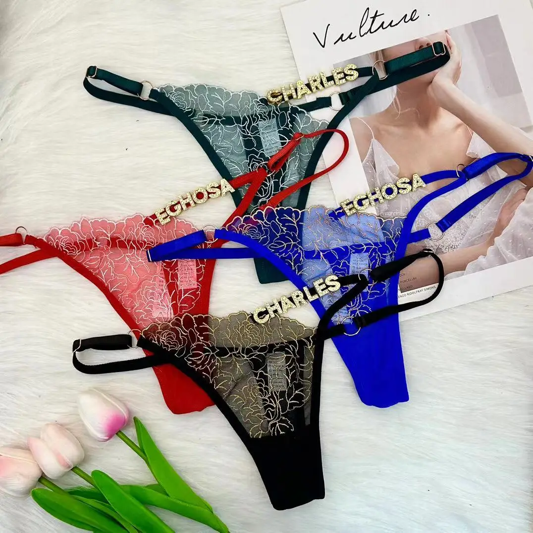 Sexy Custom Thong for Women Cutout Lace Panties G-string Personalized Thongs Rhinestone Letters Underwear Valentine's Day Gift