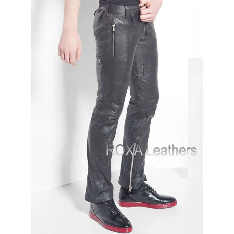 Men's Zipper Fashionable Genuine Sheepskin Leather Pants Disco Club Pants