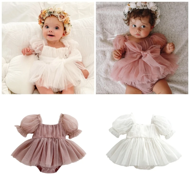 2024 Bubble Sleeve Wrap Butt Dress Baby Girls Big Bowknot Skirt Breathable