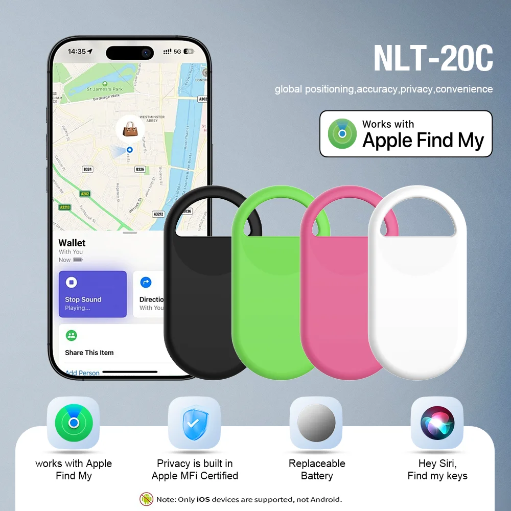 Etiqueta Inteligente con Bluetooth y GPS para iOS, Compatible con la Aplicación Find My, Localizador de Seguridad Antipérdida, Alarma Sonora, Recordatorio, Buscador de Llaves