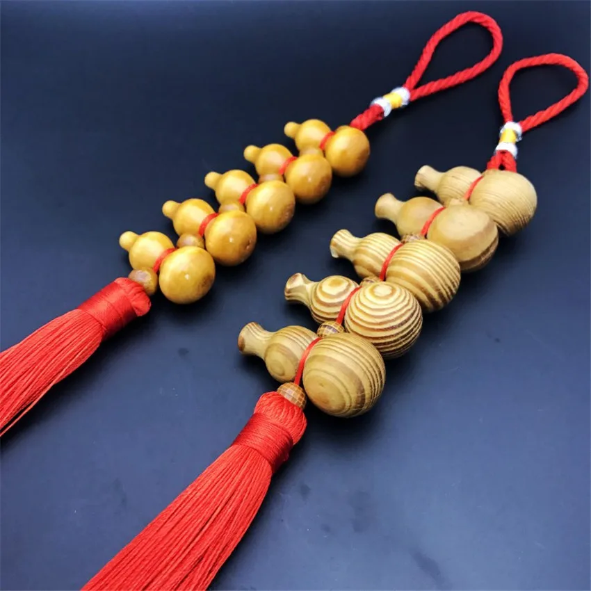 Chinese Style Natural Gourd Arts Pendant Peach Wood Carved Calabash Copper Coins Hand-woven Hangings Home Car Accessories Decor