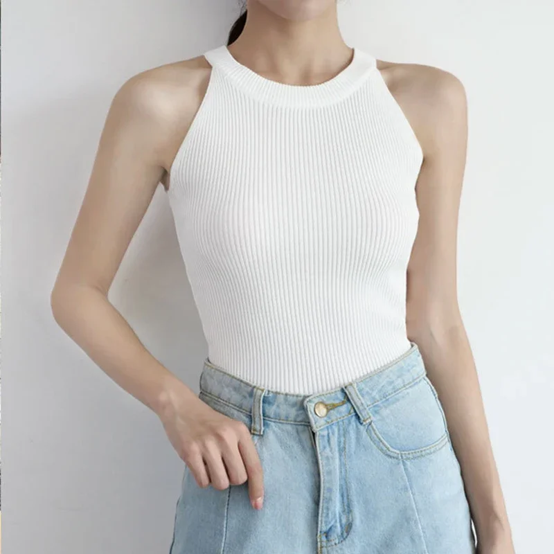 เสื้อกล้ามถักอเนกประสงค์สำหรับผู้หญิงเสื้อครอปรัดรูปคอกลมผ้ายืดสำหรับฤดูร้อน2024