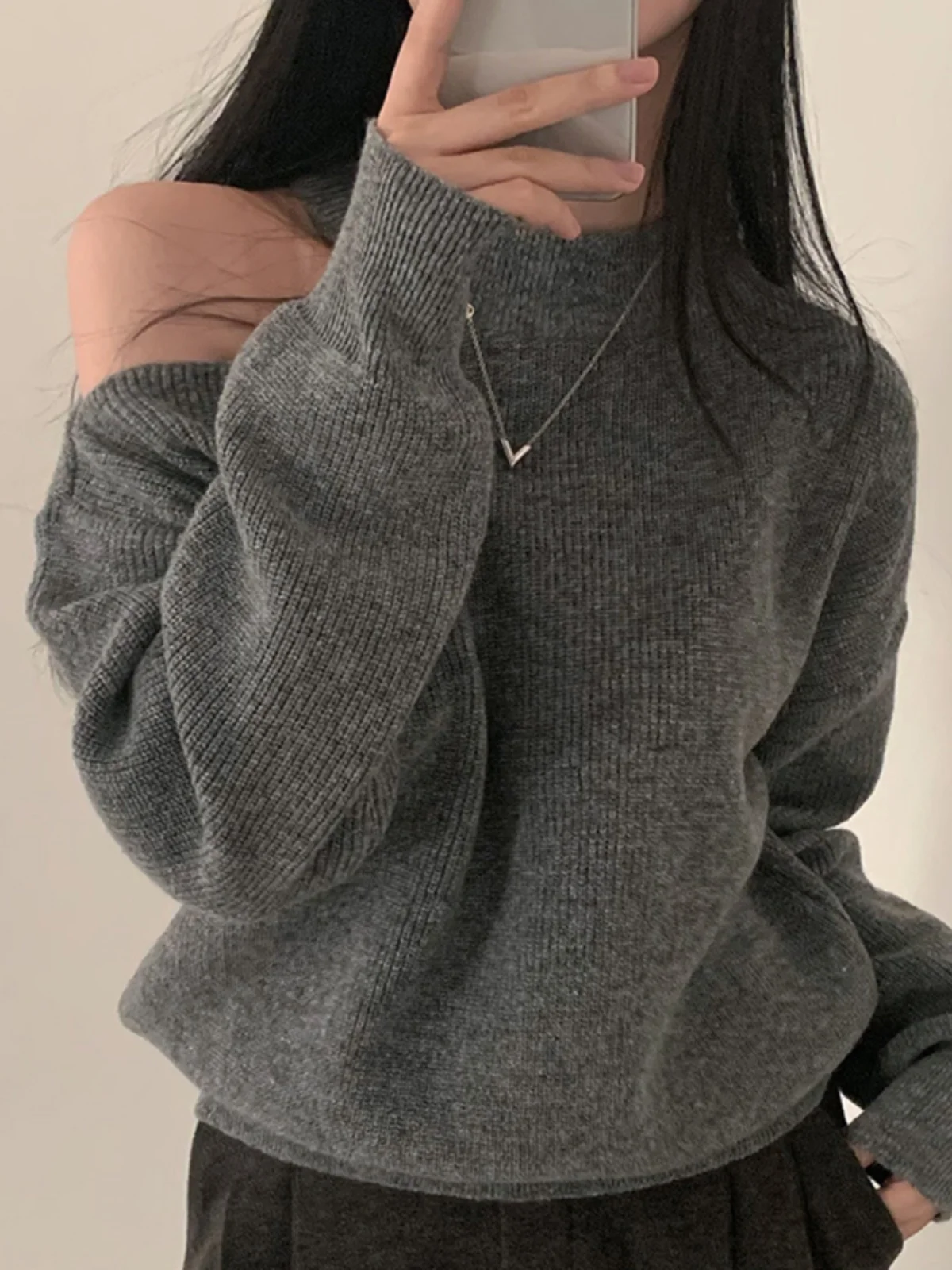 Suéter de Punto Retro Chic, Hombros Descubiertos, Cuello Redondo, Hoado, Informal, Versátil, para Mujer, Otoño Invierno, Mo...