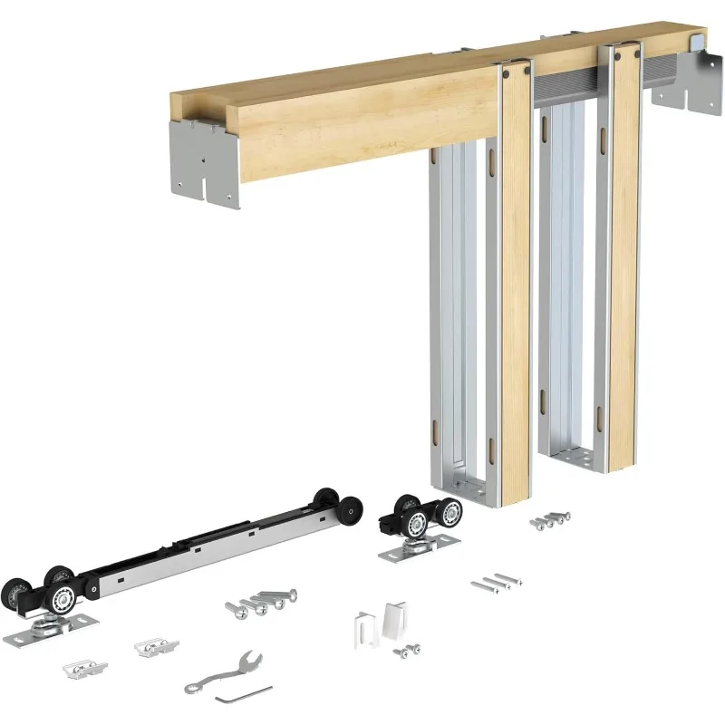 Pocket door frame kit with 88LBS two-way soft closing mechanism, smooth and quiet, easy to install hidden door kit