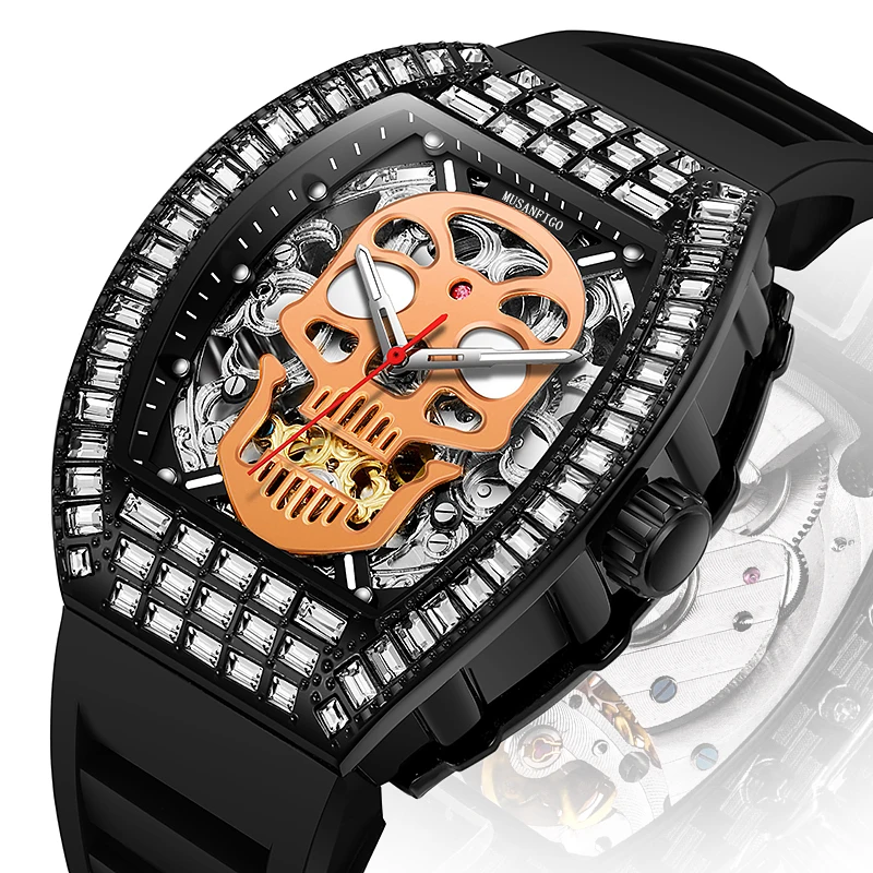 MUSANFIGO men's barrel shaped fully automatic mechanical watch paired with a skull shaped fashion trend and personalized waterpr