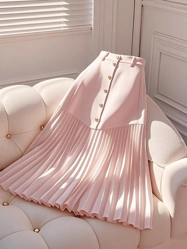 

Уникальная красивая юбка А-силуэта с высокой талией, розовая, с плиссировкой, модная, для женщин с фигурой типа «груша», скрывающая бедра, для весеннего повседневного образа