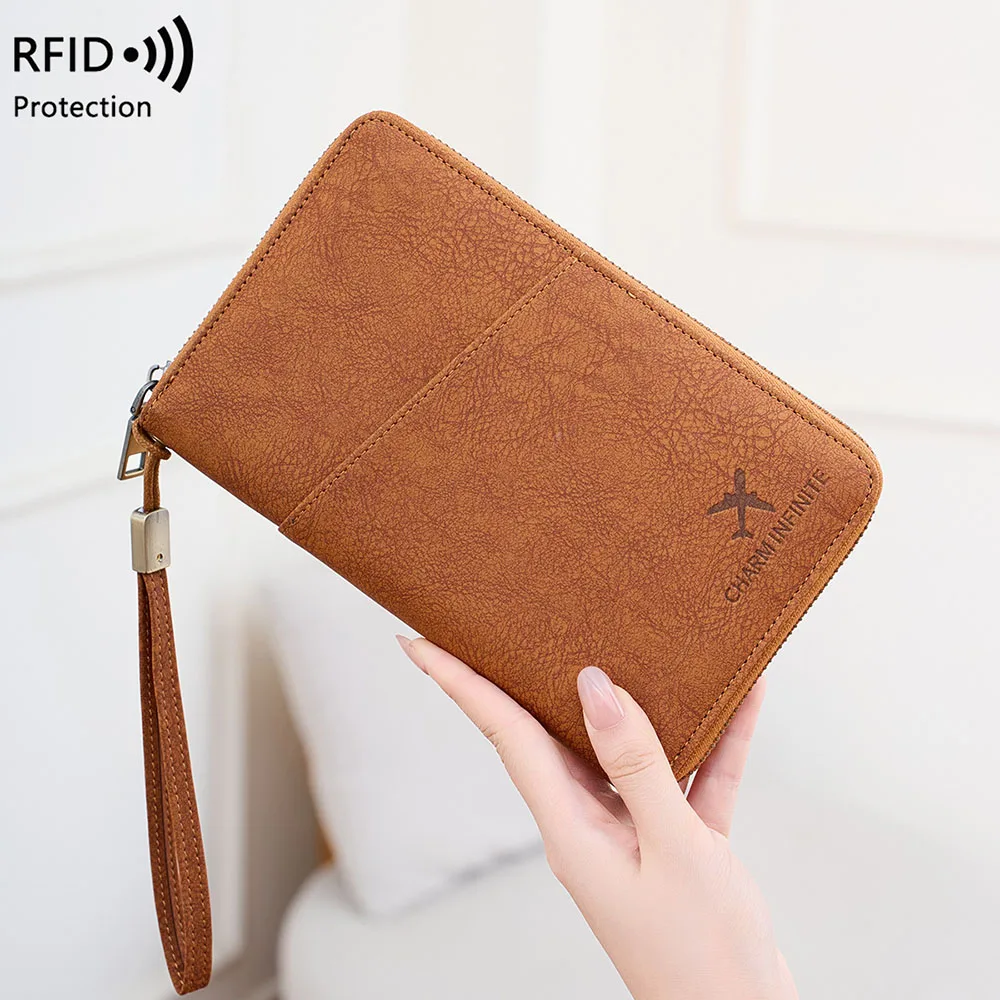 Porta pasaporte multifuncional, cartera con bloqueo RFID, billetera de viaje, organizador de documentos, bolso de mano, tarjetero para mujer