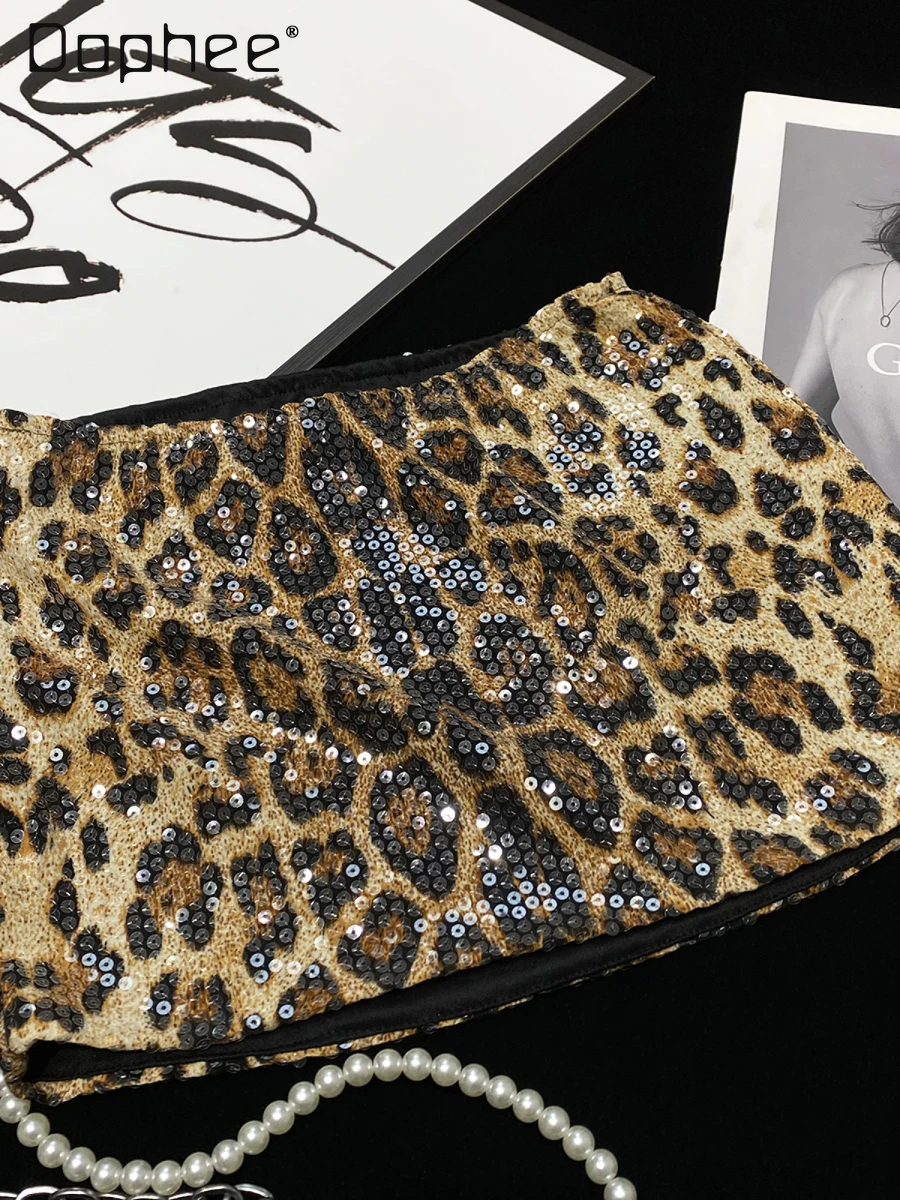 High street personalidade quente menina leopardo impressão lantejoulas saia brilhante moda sexy cintura alta magro mini saia feminina a linha saias