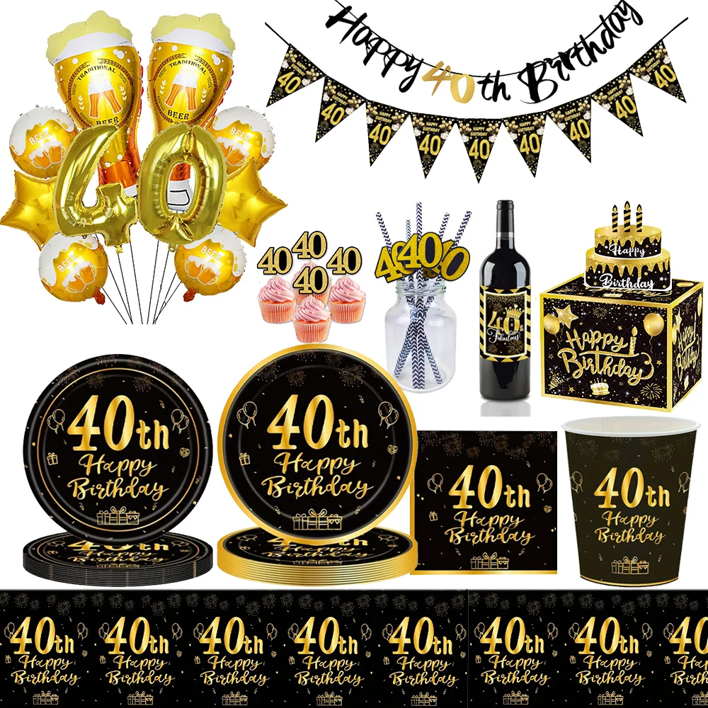 40th Birthday Party Black Gold Disposable Tableware Plate Cup Napkin Straw Balloon Cake Decor Party Decoration Supplies