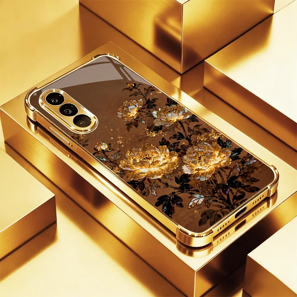 Black Leaf Golden Lotus s26 ultra case s25 ultra s24 plus Glass phone case for Samsung Galaxy S26/S25/S24/S23/S22 Ultra FE Plus