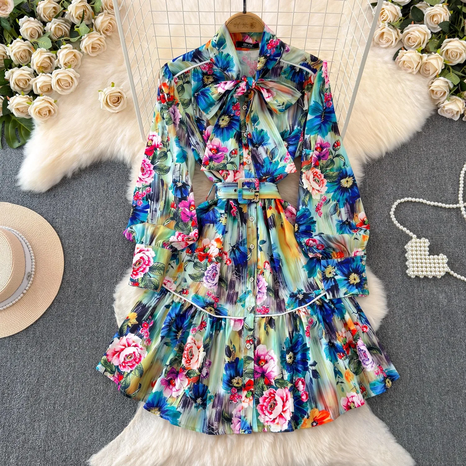 Summer Holiday Colorful Mini Dress Runway Bow Neck Lantern Sleeve Floral Print Single Breasted Casual Belt Beach Vestidos 6697