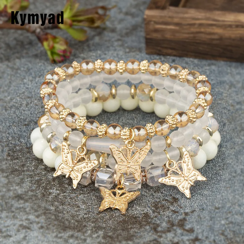 Kymyad Boho Jewelry Crystal Stone Bracelet For Women Gold Color Butterfly Tassel Charm Bracelet Women's Hand Bracelets Sets