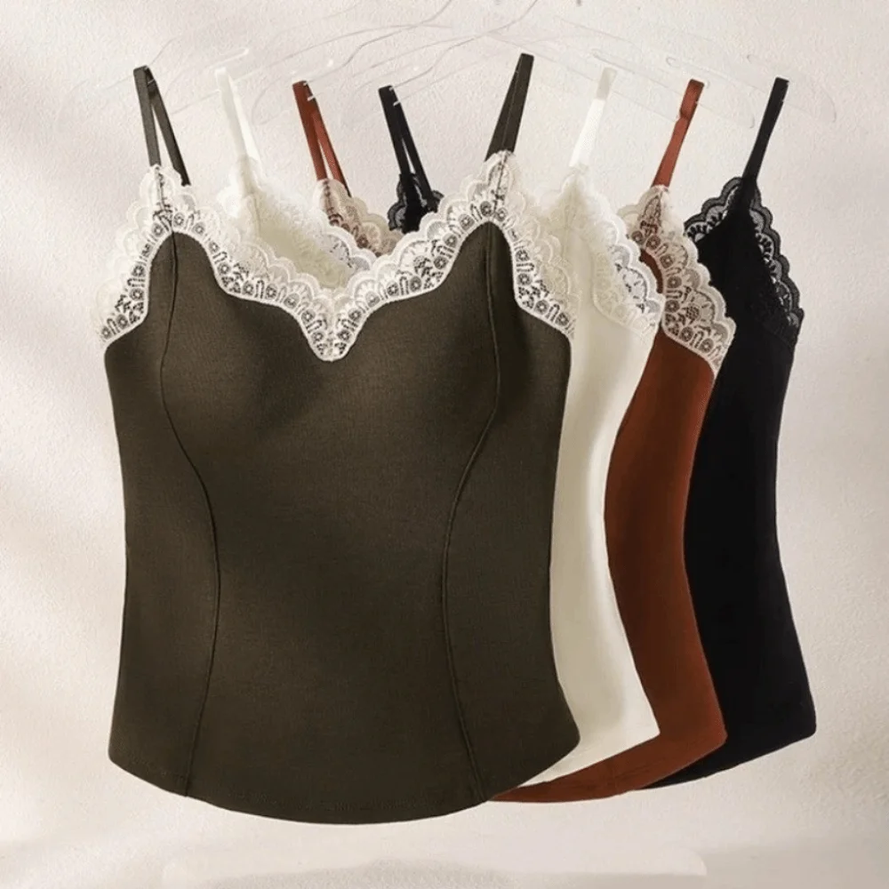 Top corto de encaje ajustado para mujer, camisa de fondo, camisola de encaje dulce con almohadillas, cuello en V, estilo picante para niña, Top tipo chaleco para mujer