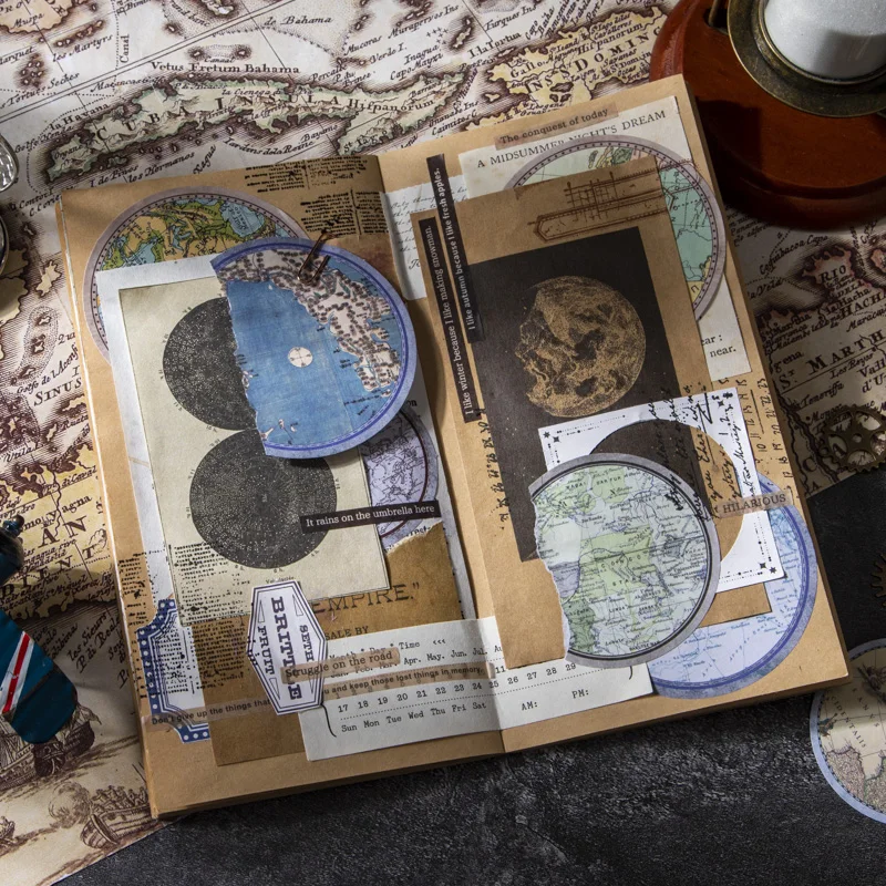 30 Sheets Space-time Navigation Series Vintage Map Round Sticker Creative DIY Journal Collage Decor Stationary