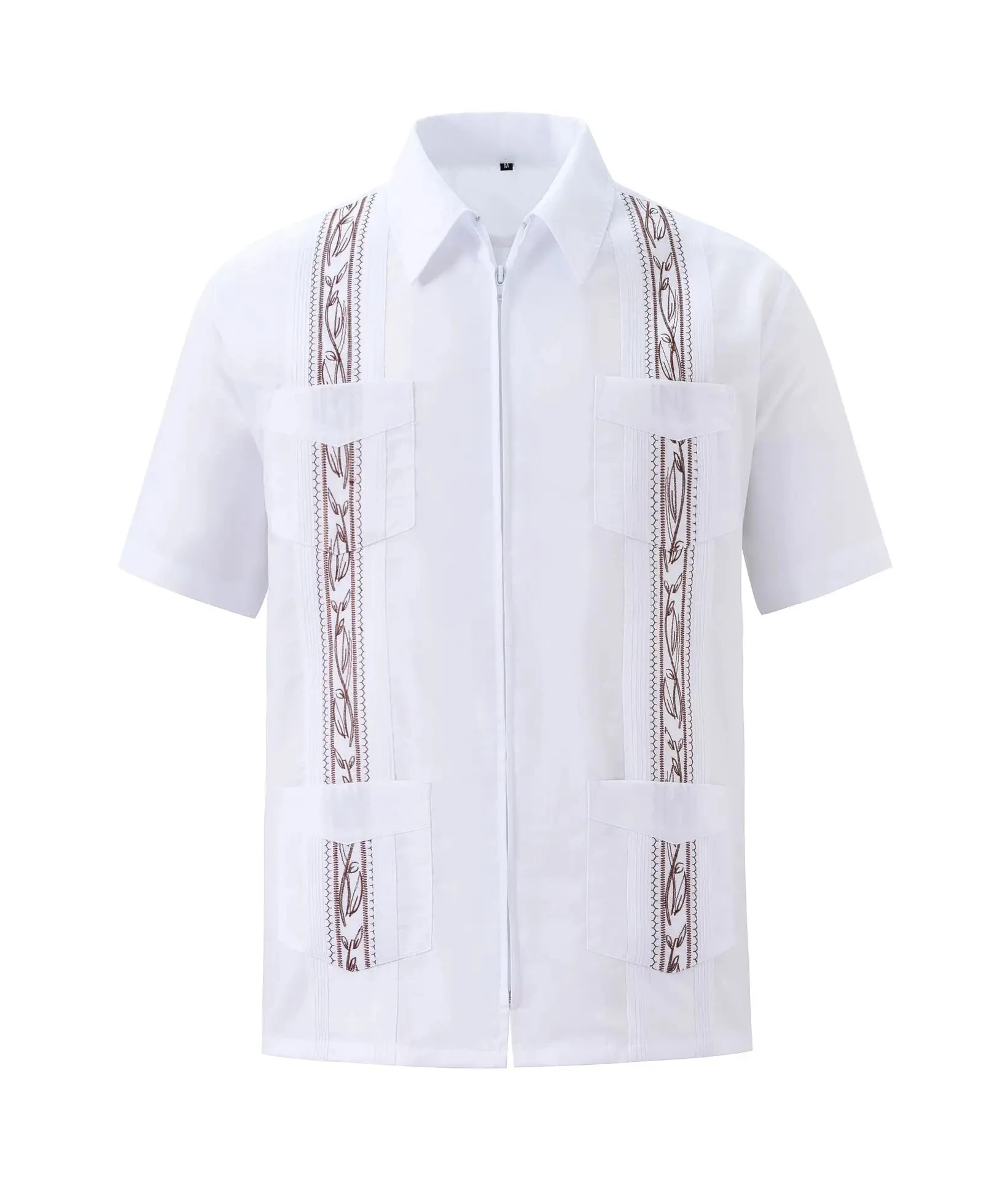Embroidery Short Sleeve Lapel Male Shirt Cuban Guayabera T-Shirt For Men Large Size Safari Wear Clothes Zipper Cardigan 4 Pocket